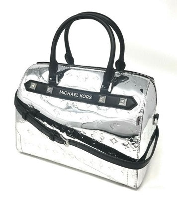 Michael Kors Kara Large Satchel Glossy Faux Patent PVC Duffle Bag Silver