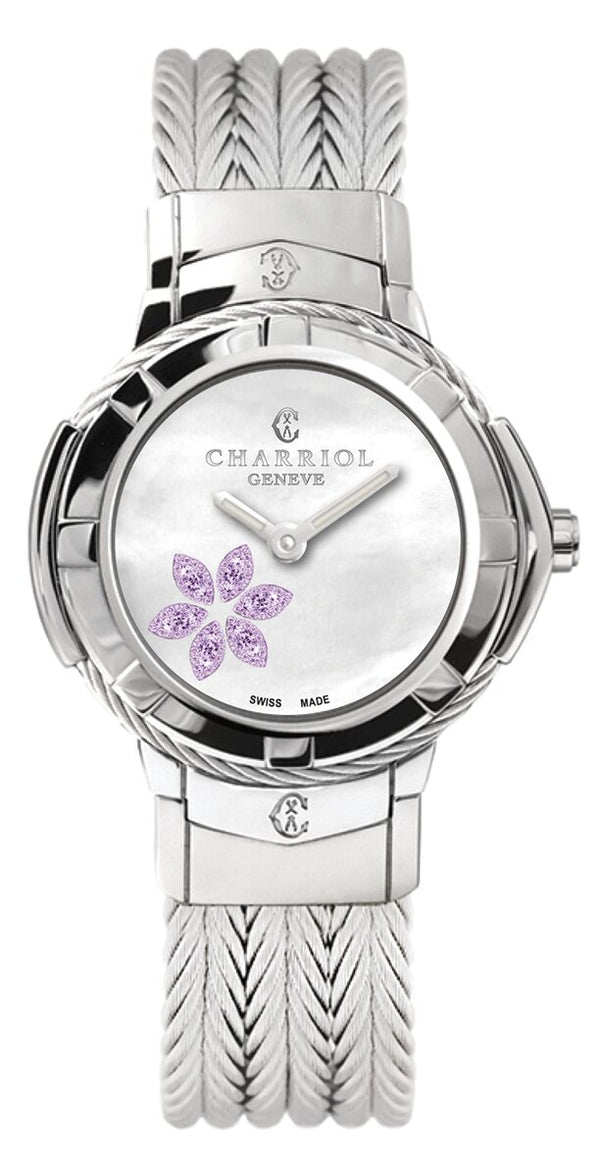 Charriol Celtic 4 White Mother of Pearl Flower Plum Stone Dust Watch