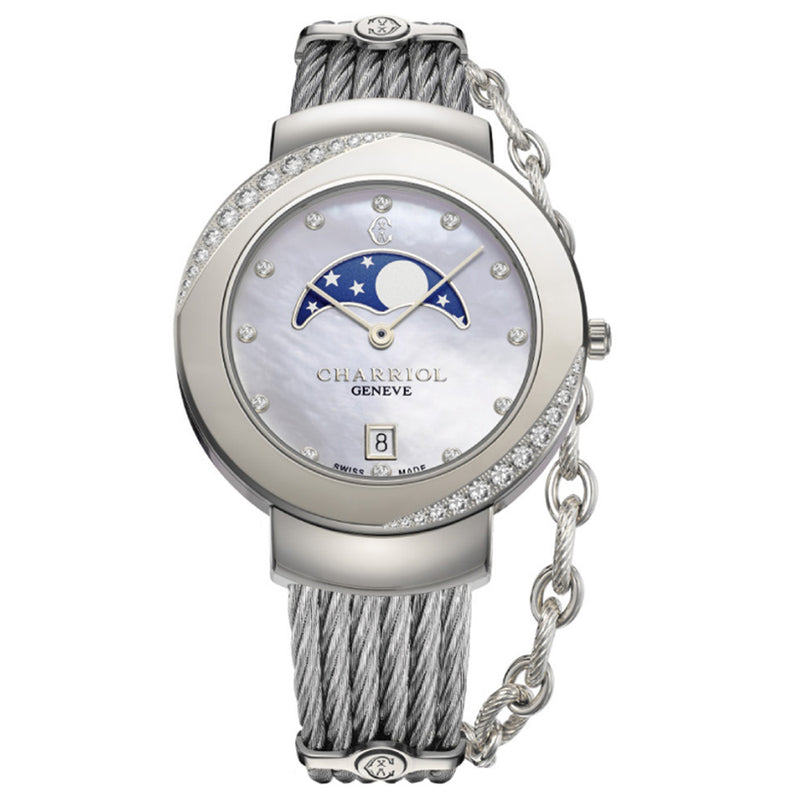 Charriol St-Tropez White Mother of Pearl Moonphase Dial & Diamonds Watch