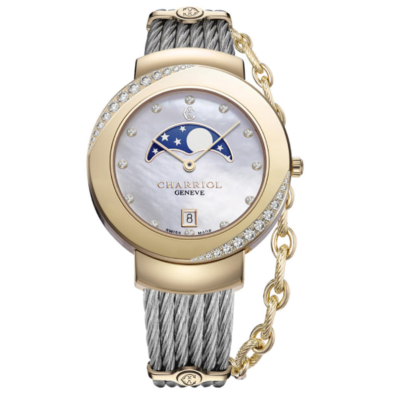 Charriol St-Tropez White Mother of Pearl Moonphase Dial & Diamonds Watch